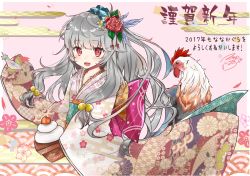 Rule 34 | 1girl, 2017, :d, artist name, beads, bird, blush, bow, breasts, chicken, chinese zodiac, floral background, floral print, flower, furisode, grey hair, hair beads, hair flower, hair ornament, happy new year, highres, hoshimiya nazuna, japanese clothes, kanzashi, kimono, kotoyoro, large bow, long hair, looking at another, looking at viewer, nengajou, new year, obi, one side up, open mouth, original, pink background, pink bow, red eyes, red flower, rooster, sash, signature, simple background, small breasts, smile, solo, white kimono, year of the rooster