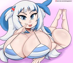 Rule 34 | 1girl, alternate breast size, ass, bikini, blue eyes, bmayyne, breast press, breasts, english text, female focus, fins, fish tail, gawr gura, gradient hair, highres, hololive, hololive english, huge ass, huge breasts, long hair, looking at viewer, lying, multicolored hair, one eye closed, shark tail, smile, solo, speech bubble, swimsuit, tail, tongue, tongue out, virtual youtuber