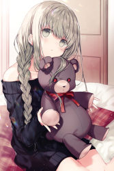 Rule 34 | 1girl, aran sweater, bare shoulders, bed sheet, black sweater, blush, braid, cable knit, cecilia (shiro seijo to kuro bokushi), closed mouth, commentary request, green eyes, green hair, head tilt, holding, holding stuffed toy, indoors, kazutake hazano, long hair, long sleeves, off-shoulder sweater, off shoulder, pillow, plaid, shiro seijo to kuro bokushi, sitting, sleeves past wrists, solo, stuffed animal, stuffed toy, sweater, teddy bear, very long hair