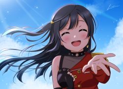 Rule 34 | asymmetrical jacket, asymmetrical sleeves, black eyes, black hair, blue sky, blush, dive! (love live!), floating hair, grey eyes, happy, highres, long hair, love live!, love live! nijigasaki high school idol club, one side up, open mouth, outstretched arm, red sleeves, shiratama (siratama ll), single bare shoulder, single sleeve, sky, solo, uneven sleeves, yuki setsuna (love live!)