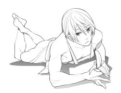 Rule 34 | 1boy, apron, ass, banana, closed mouth, food, free!, fruit, greyscale, hair between eyes, looking at viewer, lying, male focus, megumi-square, monochrome, naked apron, nanase haruka (free!), on stomach, phallic symbol, sexually suggestive, short hair, simple background, solo, white background