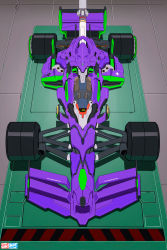 Rule 34 | absurdres, artist logo, car, commentary, english commentary, eva 01, formula one, formula racer, from above, highres, incredibly absurdres, motor vehicle, neon genesis evangelion, no humans, race vehicle, racecar, seat, solo, spoiler (automobile), vehicalization, vehicle focus, walter kim, wheel