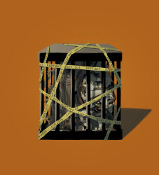 Rule 34 | 1other, absurdres, avogado6, black eyes, cage, caution tape, colored skin, commentary request, grey hair, highres, in cage, keep out, orange background, original, simple background, sitting, white skin