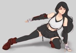 Rule 34 | 1girl, artist name, black hair, black skirt, black sports bra, black thighhighs, blue suspenders, closed mouth, dated, earrings, final fantasy, final fantasy vii, final fantasy vii remake, fingerless gloves, full body, gloves, hand on ground, highres, jewelry, kneeling, long hair, low-tied long hair, midriff, miniskirt, outstretched arm, outstretched leg, pleated skirt, red eyes, simple background, skirt, sleepy korok, smile, solo, sports bra, straight hair, tank top, thighhighs, tifa lockhart, white background, white gloves, white tank top