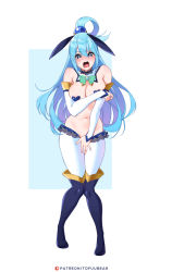 Rule 34 | 1girl, animal ears, aqua (konosuba), artist name, blue background, blue eyes, blue hair, blush, boots, breasts, cleavage, covering self, detached collar, detached sleeves, embarrassed, fake animal ears, full body, heart pasties, highres, kono subarashii sekai ni shukufuku wo!, large breasts, long hair, looking at viewer, meme attire, navel, open mouth, pasties, rabbit ears, reverse bunnysuit, reverse outfit, simple background, solo, standing, stomach, thigh boots, thighhighs, thighs, tofuubear, white background