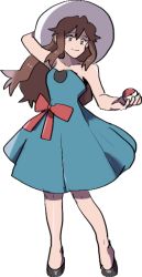 Rule 34 | 1girl, adjusting clothes, adjusting headwear, aged up, alpha transparency, alternate costume, alternate universe, bad id, bad twitter id, bare shoulders, brown eyes, brown hair, closed mouth, creatures (company), full body, game freak, green (pokemon), hat, holding, holding poke ball, kendy (revolocities), long hair, nintendo, poke ball, pokemon, pokemon sm, smile, solo, standing, sun hat, transparent background