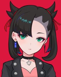 Rule 34 | 1girl, absurdres, aqua eyes, asymmetrical bangs, black choker, black hair, black jacket, blouse, choker, collarbone, creatures (company), earrings, game freak, hair ribbon, highres, jacket, jewelry, long hair, looking at viewer, marnie (pokemon), nintendo, parted lips, pink shirt, pokemon, pokemon swsh, portrait, red background, red ribbon, ribbon, shirt, simple background, solo, tor (torkrub111), twintails, two side up
