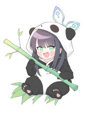 Rule 34 | 1girl, :d, animal costume, bamboo, black hair, blue archive, blunt bangs, commentary request, green eyes, halo, highres, holding, long hair, long sleeves, looking at viewer, open mouth, panda costume, shun (blue archive), shun (small) (blue archive), sidelocks, simple background, sitting, sleepwear, smile, solo, twintails, white background, yosik