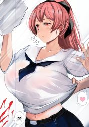 Rule 34 | 1girl, 1other, belt, blush, breasts, collarbone, heart, highres, huge breasts, long hair, meow7tail, navel, original, ponytail, red eyes, red hair, school uniform, speech bubble, spoken heart