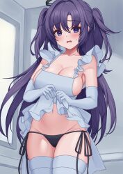 Rule 34 | 1girl, alternate costume, apron, apron lift, black halo, black panties, blue apron, blue archive, blue eyes, breasts, clothes lift, collarbone, hair between eyes, halo, highres, large breasts, lifted by self, long hair, looking at viewer, maid, open mouth, panties, pcreambang, purple hair, side-tie panties, solo, thighhighs, thighs, two side up, underwear, wavy mouth, white thighhighs, yuuka (blue archive)