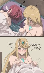 Rule 34 | 2girls, aftersex, bed sheet, blonde hair, blush, breasts, cleavage, dual persona, highres, jourd4n, long hair, medium breasts, multiple girls, mythra (xenoblade), naked sheet, pyra (xenoblade), selfcest, sleeping, xenoblade chronicles (series), xenoblade chronicles 2, yuri