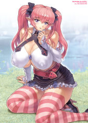 Rule 34 | 1girl, belt, breasts, cleavage, comic unreal, covered erect nipples, elbow gloves, finger to mouth, gloves, high heels, highres, huge breasts, looking at viewer, miniskirt, mogudan, pink hair, pointy ears, shoes, sitting, skirt, smile, solo, striped clothes, striped thighhighs, thighhighs, twintails, yokozuwari, zettai ryouiki