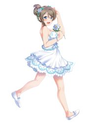 Rule 34 | 1girl, absurdres, alternate hairstyle, bare shoulders, blue eyes, bracelet, breasts, dress, floral print, flower, hair between eyes, hair flower, hair ornament, highres, holding, holding flower, jewelry, looking at viewer, love live!, love live! sunshine!!, medium breasts, raemn (raemn2d), salute, simple background, solo, strapless, strapless dress, thank you friends!!, walking, watanabe you, white background, white dress, white footwear