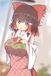 Rule 34 | 1girl, akabeco, apron, blush, bow, breasts, brown hair, clothes writing, collarbone, cookie (touhou), hair bow, hair tubes, hakurei reimu, hands on own chest, highres, large breasts, looking at viewer, parted lips, red bow, red eyes, rurima (cookie), short hair, smile, solo, touhou