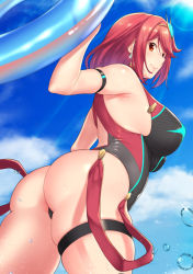 Rule 34 | 1girl, arm strap, ass, aster crowley, back, bare shoulders, black one-piece swimsuit, blue sky, blush, breasts, closed mouth, competition swimsuit, earrings, highleg, highleg swimsuit, highres, innertube, jewelry, large breasts, looking at viewer, nintendo, one-piece swimsuit, pyra (pro swimmer) (xenoblade), pyra (xenoblade), red eyes, red hair, red one-piece swimsuit, short hair, sky, smile, swept bangs, swim ring, swimsuit, thigh strap, thighs, tiara, two-tone swimsuit, water drop, xenoblade chronicles (series), xenoblade chronicles 2