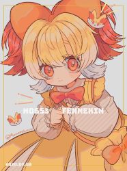 Rule 34 | 1girl, absurdres, bag, blonde hair, blush, bow, bowtie, character name, creature and personification, creatures (company), dated, dress, dress bow, fennekin, game freak, gen 6 pokemon, hair bow, handbag, hands up, highres, jewelry, long sleeves, looking at viewer, narumame, nintendo, personification, pokedex number, pokemon, pokemon (creature), red bow, red eyes, red hair, ring, simple background, smile, standing, twitter username, white hair, yellow dress