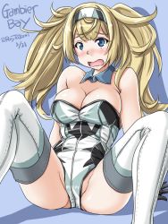 Rule 34 | 1girl, adapted costume, arm support, bare shoulders, black gloves, blue background, blue eyes, blush, breasts, character name, cleavage, dated, detached collar, embarrassed, feet out of frame, gambier bay (kancolle), gloves, groin, hairband, kantai collection, large breasts, leaning back, leotard, long hair, nose blush, partially visible vulva, playboy bunny, simple background, sitting, solo, spread legs, strapless, strapless leotard, tareme, tatsumi ray, thighhighs, thighs, twintails, twitter username, white leotard, white thighhighs