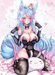 Rule 34 | 1girl, absurdres, animal ear fluff, animal ears, black gloves, black leotard, black pantyhose, black thighhighs, blue hair, blush, breasts, cleavage, collar, detached collar, elbow gloves, gloves, heart, heart-shaped pupils, highres, indie virtual youtuber, large breasts, leotard, looking at viewer, miuq chan, multicolored hair, pantyhose, partially fingerless gloves, pink eyes, pink hair, playboy bunny, silvervale, single leg pantyhose, single thighhigh, smile, strapless, strapless leotard, streaked hair, swept bangs, symbol-shaped pupils, tail, thighhighs, virtual youtuber, white collar, wolf ears, wolf girl, wolf tail
