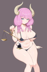 Rule 34 | 1girl, absurdres, alternate breast size, alternate costume, areola slip, aura (sousou no frieren), belly, bikini, blue eyes, braid, breasts, breasts apart, closed mouth, collarbone, covered erect nipples, demon girl, demon horns, gold choker, hair between eyes, halterneck, highres, holding scale, horns, invisible chair, large breasts, long hair, looking at viewer, low-braided long hair, low-tied long hair, micro bikini, multiple braids, navel, purple hair, simple background, sitting, sousou no frieren, string bikini, swimsuit, weighing scale, yinori