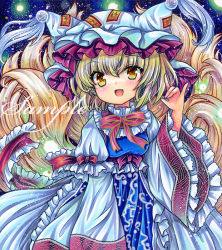 Rule 34 | :d, animal hat, blonde hair, blue background, blue dress, blush, cowboy shot, dot nose, dress, fang, fox shadow puppet, fox tail, frilled dress, frilled hat, frilled ribbon, frilled shirt collar, frilled sleeves, frills, hair between eyes, hand up, hat, kitsune, long sleeves, looking at viewer, marker (medium), mob cap, multiple tails, neck ribbon, ofuda, ofuda on clothes, open mouth, purple ribbon, red ribbon, ribbon, rui (sugar3), sample watermark, short hair, smile, solo, standing, tail, touhou, traditional media, two-tone dress, watermark, white dress, white hat, white sleeves, wide sleeves, yakumo ran, yellow eyes