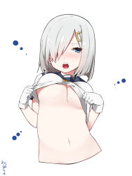 Rule 34 | 10s, 1girl, :o, bad id, bad pixiv id, blue eyes, blush, breasts, clothes lift, from below, gloves, hair over one eye, hamakaze (kancolle), highres, kantai collection, large breasts, looking to the side, mitsudoue, navel, no bra, open mouth, school uniform, serafuku, shirt lift, short hair, silver hair, solo, underboob, upper body, white gloves