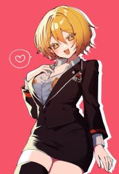 Rule 34 | 1girl, badge, black jacket, black skirt, black thighhighs, blonde hair, breasts, cleavage, collared shirt, cowboy shot, don quixote (project moon), genkai poteto, heart, jacket, large breasts, limbus company, open mouth, pencil skirt, pink background, project moon, shirt, short hair, simple background, skirt, smile, solo, sparkling eyes, spoken heart, thighhighs, white shirt, yellow eyes