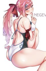 Rule 34 | 1girl, ass, bare shoulders, barefoot, blush, breasts, from behind, girls&#039; frontline, hair ribbon, highres, large breasts, long hair, looking at viewer, negev (girls&#039; frontline), one-piece swimsuit, open mouth, pink hair, ponytail, purple eyes, ribbon, shiny clothes, shiny skin, sideboob, smile, solo, swimsuit, weetaku