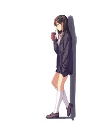 Rule 34 | 1girl, against wall, black jacket, black skirt, blouse, brown eyes, brown footwear, brown hair, buttons, cup, drinking, drinking glass, drinking straw, feet up, from side, hand in pocket, holding, holding cup, jacket, kneehighs, leg up, loafers, long hair, long sleeves, looking down, original, profile, s.rain, shirt, shoes, sidelocks, skirt, socks, solo, standing, standing on one leg, white socks, white shirt