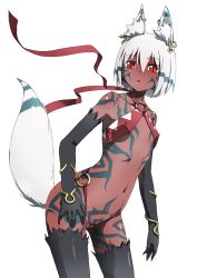 Rule 34 | 1girl, animal ears, barikios, black gloves, black thighhighs, covered erect nipples, dark-skinned female, dark skin, earrings, elbow gloves, facial tattoo, flat chest, fox ears, fox tail, full-body tattoo, gloves, highres, jewelry, looking at viewer, navel, o-ring, o-ring bottom, o-ring top, open mouth, original, panties, red eyes, red panties, short hair, simple background, solo, tail, tattoo, thighhighs, underwear, underwear only, white background, white hair