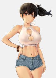Rule 34 | 1girl, alternate costume, blue shorts, blush, bra, breasts, brown eyes, brown hair, cleavage, cleavage cutout, closed mouth, clothing cutout, collarbone, cowboy shot, crop top, denim, denim shorts, grey background, hair between eyes, halterneck, hand on own hip, highres, kaga (kancolle), kantai collection, large breasts, long hair, midriff, navel, open fly, shirt, short shorts, shorts, side ponytail, simple background, solo, thigh gap, thighs, underwear, wa (genryusui), white bra, white shirt