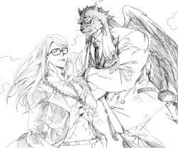 Rule 34 | 2boys, animal ears, blackcatlandr, cigarette, collared shirt, crossover, fate/grand order, fate (series), feathered wings, flaming eye, forked eyebrows, formal, furry, furry male, glasses, greyscale, hands in pockets, highres, jacket, jaguar boy, jaguar ears, jaguar tail, jewelry, long hair, looking at viewer, male focus, monochrome, multiple boys, muscular, muscular male, navel, necklace, necktie, open clothes, open jacket, shirt, sidelocks, simple background, smile, smoking, suit, tail, tezcatlipoca (fate), tezcatlipoca (housamo), thick eyebrows, tokyo houkago summoners, upper body, white background, wings