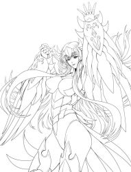 Rule 34 | 1girl, armor, artist request, bare legs, breasts, curvy, female focus, fingerless gloves, floating hair, gauntlets, gloves, highleg, highleg leotard, indoors, large breasts, leotard, long hair, looking at viewer, monochrome, owl partita, parted lips, revealing clothes, saint seiya, saint seiya: the lost canvas, smile, solo, tiara, very long hair