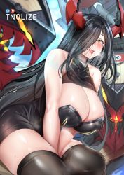 Rule 34 | 1girl, ahegao, azur lane, bare shoulders, black dress, black hair, black thighhighs, blush, breasts, cleavage, covered erect nipples, dress, friedrich der grosse (azur lane), hair over one eye, highres, horns, large breasts, long hair, looking at viewer, machinery, pixiv username, red horns, sitting, smile, solo, steam, sweatdrop, thighhighs, thighs, tnolize, turret, very long hair, yellow eyes
