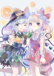 Rule 34 | 2girls, ascot, bag, bat wings, black gloves, black hat, blonde hair, blouse, bow, buttons, crystal, diamond button, drink, eyeball, flandre scarlet, food, frilled shirt collar, frilled sleeves, frills, fruit, gloves, green hair, green skirt, hat, hat bow, hat ribbon, heart, heart of string, hiyuu (hiyualice), holding, holding bag, holding drink, holding food, ice cream, komeiji koishi, lemon, lemon slice, mob cap, multicolored wings, multiple girls, one side up, open mouth, puffy short sleeves, puffy sleeves, red eyes, red skirt, red vest, ribbon, shirt, short sleeves, side ponytail, skirt, skirt set, touhou, vest, white background, white hat, wide sleeves, wings, yellow ascot, yellow bow, yellow ribbon, yellow shirt