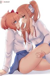 Rule 34 | 2girls, absurdres, ahoge, artist name, black panties, blue eyes, blue skirt, blush, bow, breasts, brown hair, cleavage, commentary, doki doki literature club, eye contact, face-to-face, from side, green eyes, hair between eyes, hair bow, hair ribbon, heart, heart-shaped pupils, highres, kneehighs, long hair, long sleeves, looking at another, medium breasts, monika (doki doki literature club), multiple girls, neck ribbon, panties, parted lips, profile, raion (raionart), red eyes, red ribbon, ribbon, sayori (doki doki literature club), school uniform, shirt, short hair, simple background, skirt, smile, socks, symbol-shaped pupils, thighs, underwear, undone neck ribbon, white background, white ribbon, white shirt, white socks, yuri