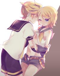 Rule 34 | 1boy, 1girl, aoi choko (aoichoco), bare shoulders, belt, blonde hair, blue eyes, blush, breasts, brother and sister, cleavage, clothes lift, detached sleeves, embarrassed, hair ornament, hairclip, highres, incest, kabedon, kagamine len, kagamine rin, leaning forward, navel, necktie, nervous, one eye closed, open clothes, open mouth, open shorts, panties, sailor collar, sexually suggestive, shirt, shirt lift, short hair, short ponytail, shorts, siblings, small breasts, twincest, twins, underwear, vocaloid