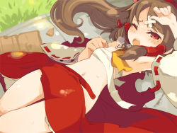 Rule 34 | 1girl, armpits, bandages, blush, brown hair, detached sleeves, female focus, game cg, hair tubes, hakurei reimu, japanese clothes, long hair, lying, miko, mota, navel, new super marisa land, no shirt, on back, one eye closed, open clothes, open skirt, red eyes, sarashi, skirt, solo, spoilers, sweat, tears, torn clothes, touhou, undone sarashi, wince, wink