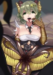 Rule 34 | 1girl, absurdres, between breasts, black necktie, bloodshot eyes, breasts, brown eyes, claws, collar, commentary request, commission, cthulhu mythos, detached collar, extra eyes, green eyes, green hair, hair between eyes, hair ornament, highres, horns, indie virtual youtuber, koiso usu, large breasts, looking at viewer, monster girl, necktie, necktie between breasts, open mouth, oumai hastur, short hair, skeb commission, smile, solo, spikes, star (symbol), star hair ornament, tentacles, tongue, tongue out, virtual youtuber, white collar, yellow horns