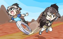 Rule 34 | 2girls, alternate design, arm up, arms up, bird girl, bird tail, bird wings, bow, bowtie, brown hair, chibi, clothes writing, colored inner hair, day, dual persona, full body, greater roadrunner (kemono friends), green eyes, grey hair, hair between eyes, hair ornament, hair tubes, hairclip, hand up, head wings, kemono friends, leaning forward, long hair, long sleeves, looking at another, medium hair, motion lines, multicolored hair, multiple girls, open mouth, outdoors, outstretched arms, pantyhose, pantyhose under shorts, running, shirt, shoes, short sleeves, shorts, smile, srd (srdsrd01), tail, v-shaped eyebrows, very long hair, wheel o feet, white hair, white pantyhose, wings, yellow eyes