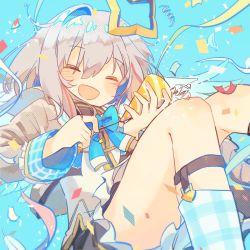 Rule 34 | 1girl, :d, amane kanata, amane kanata (1st costume), blue background, blue bow, blue bowtie, bob cut, bow, bowtie, closed eyes, colored inner hair, commentary request, confetti, dazeroyuu, halo, highres, hololive, long sleeves, multicolored hair, open mouth, party popper, plaid, plaid legwear, short hair, silver hair, single hair intake, smile, solo, star halo, streamers, virtual youtuber