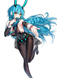 Rule 34 | 1girl, animal ears, azur lane, bare shoulders, black footwear, black leotard, black pantyhose, black sleeves, blue hair, boise (azur lane), boise (sheepish sapphire) (azur lane), braid, breasts, commentary request, covered mouth, detached sleeves, fake animal ears, feet out of frame, hair between eyes, hand up, headgear, holding, holding hair, large breasts, leotard, long hair, long sleeves, looking at viewer, official alternate costume, outstretched arm, pantyhose, playboy bunny, rabbit ears, revision, ririko (zhuoyandesailaer), shoes, single braid, solo, standing, standing on one leg, thighband pantyhose, very long hair, yellow eyes