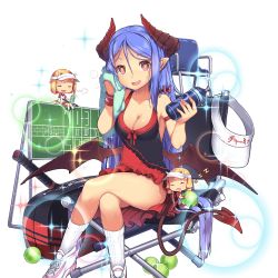 Rule 34 | 3girls, arm ribbon, ball, blonde hair, blue hair, blvefo9, bottle, breasts, chair, charmy (uchi no hime-sama), cleavage, demon girl, demon horns, demon tail, demon wings, closed eyes, fang, heart, heart-shaped pupils, holding, horns, crossed legs, long hair, looking at viewer, medium breasts, miniskirt, multiple girls, official art, open mouth, pointy ears, racket, red eyes, ribbon, scoreboard, shoes, sitting, skirt, sneakers, sparkle, symbol-shaped pupils, tail, towel, transparent background, uchi no hime-sama ga ichiban kawaii, visor cap, water bottle, white legwear, wings, wristband