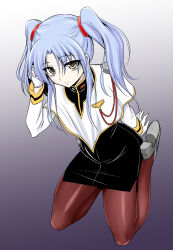 Rule 34 | 1girl, aoki kanji, black skirt, blue hair, capelet, closed mouth, gloves, gradient background, grey footwear, hoshino ruri, kidou senkan nadesico, long hair, long sleeves, looking at viewer, miniskirt, pantyhose, pencil skirt, purple background, red pantyhose, shoes, skirt, smile, solo, twintails, white capelet, white gloves, yellow eyes