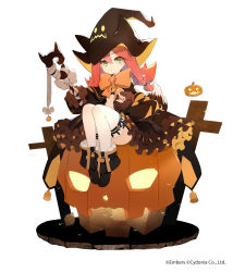 Rule 34 | 1girl, ash arms, black dress, black footwear, boots, bow, commentary, dress, frilled dress, frills, green eyes, halloween, halloween costume, hat, highres, holding, holding staff, jack-o&#039;-lantern, long hair, long sleeves, looking at viewer, maus (ash arms), medium dress, official art, orange bow, orange neckwear, red hair, simple background, sitting, solo, staff, undeedking, watermark, white background, witch hat