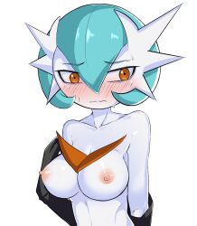 Rule 34 | 1girl, alternate color, averting eyes, bahamosia, black gloves, blue hair, blush, bob cut, breasts, closed mouth, collarbone, colored skin, commission, creatures (company), elbow gloves, embarrassed, female focus, game freak, gardevoir, gen 3 pokemon, gloves, hair between eyes, hand up, large breasts, looking to the side, mega gardevoir, mega pokemon, nintendo, nipples, nose blush, nude, orange eyes, pokemon, pokemon (creature), second-party source, shiny pokemon, shiny skin, short hair, simple background, solo, split mouth, sweat, upper body, wavy mouth, white background, white skin