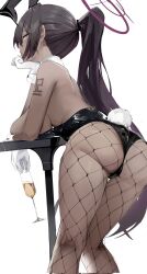 Rule 34 | 1girl, arm tattoo, ass, bare shoulders, black hair, black leotard, blue archive, breasts, champagne flute, commentary, corrupted twitter file, cup, dark-skinned female, dark skin, dleung, drinking glass, fishnet pantyhose, fishnets, from behind, gloves, halo, head rest, highres, holding, holding cup, karin (blue archive), karin (bunny) (blue archive), large breasts, leaning on table, leotard, long hair, looking at viewer, looking back, official alternate costume, official alternate hairstyle, pantyhose, ponytail, purple halo, rabbit tail, simple background, solo, strapless, strapless leotard, symbol-only commentary, tail, tattoo, thick thighs, thighs, very long hair, white background, white gloves