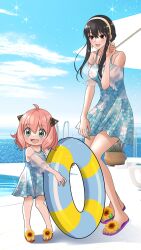 Rule 34 | anya (spy x family), bare shoulders, black hair, blue sky, blush, breasts, cloud, day, dress swimsuit, earrings, gold earrings, green eyes, hair ornament, hairband, hairpods, highres, horizon, jewelry, large breasts, long hair, matching outfits, mother and daughter, ocean, open mouth, outdoors, pink hair, red eyes, sandals, sidelocks, sky, smile, spy x family, swimsuit, tacchin ichi-gou, toenails, toes, water, white hairband, yor briar