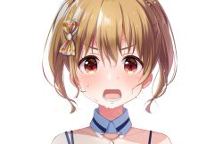 Rule 34 | 1girl, blush, bow, close-up, collar, collarbone, cygames, detached collar, dripping, flying sweatdrops, hair bow, highres, idoly pride, kawasaki sakura (idoly pride), looking ahead, looking at viewer, lower teeth only, nervous sweating, official art, open mouth, orange bow, orange eyes, orange hair, strap, sweat, teeth, transparent background, twintails, very sweaty, wet, wet hair