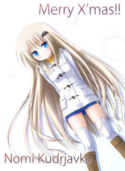 blonde_hair blue_eyes coat highres little_busters! long_hair miniskirt mizunoe_kotaru noumi_kudryavka skirt solo thighhighs