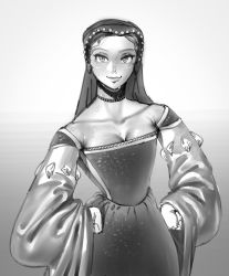Rule 34 | 1girl, absurdres, bad id, bad twitter id, body freckles, breasts, choker, cleavage, closed mouth, corset, dress, freckles, greyscale, hands on own hips, highres, large breasts, long sleeves, looking at viewer, medieval, monochrome, original, smile, solo, standing, sweat, veil, wass nonnam, wide sleeves